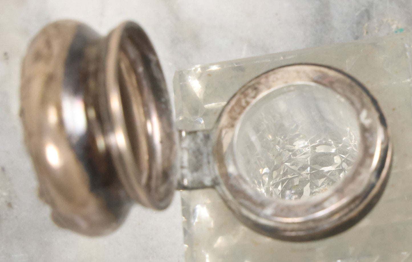 Lot 029 - Antique Cut Glass Inkwell With Art Nouveau Sterling Silver Lid With Woman Head And Lily Motif, Marked Sterling, With Hallmark, No. 1560