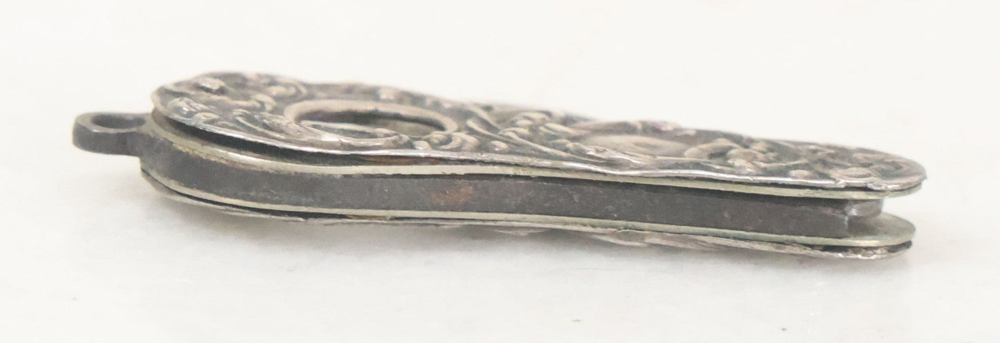 Lot 035 - Antique Sterling Silver Repousse Handle Folding Pocket Knife Cigarette Cutter Tool, Marked Sterling, Note Handle Pin Loosening