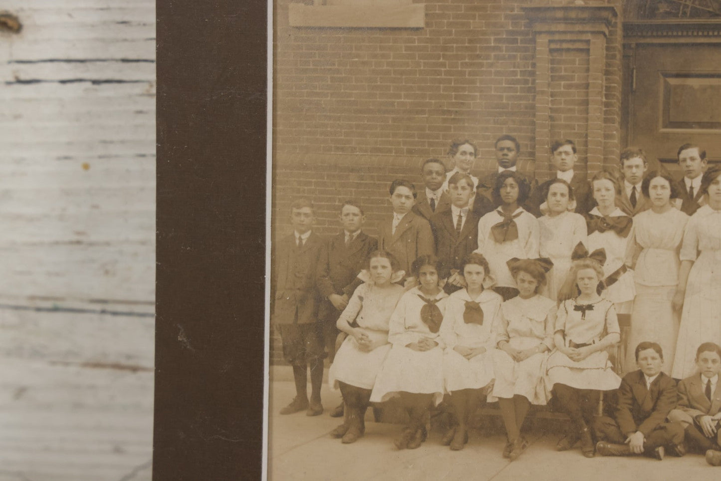 Lot 068 - Antique Photograph Of Schoolchildren, Interracial Class, Outside Of Brick Schoolhouse Including Many Young Girls And Boys And Teachers, Matted And Shrink Wrapped