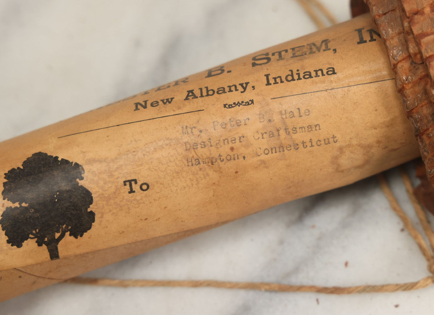Lot 007 - Antique Snakeskin Store Display With Two Varieties Of Snakeskin On Hanging Cardboard Tube, Sent From Chester B. Stem Inc., New Albany, Indiana, To Mr. Peter B. Hale, Designer And Craftsman Of Hampton, Connecticut