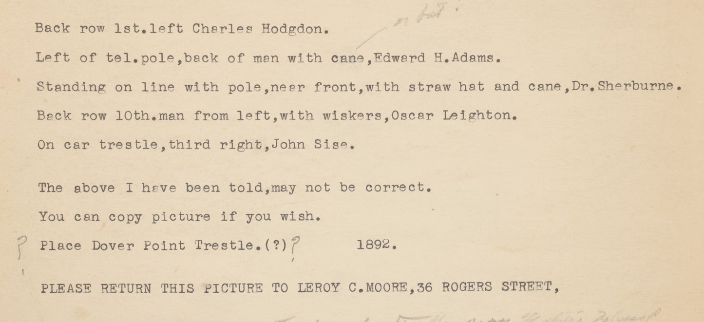 Lot 064 - Antique Photograph Of A Large Group Of Men Posing Next To The Dover Point Trestle Railroad Train Bridge, Dover, New Hampshire, With Detailed Identification On Verso, 1892