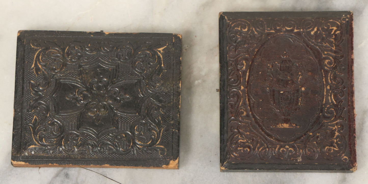 Lot 071 - Pair Of Antique 1/9th Plate Cased Images Including Hidden Mother Ruby Ambrotype With Young Child And Very Dark Tintype Of A Woman, In Half Leatherette Union Cases