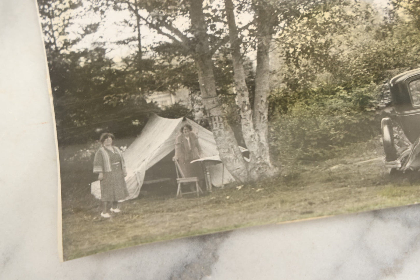 Lot 162 - Grouping Of 6 Snapshot And Other Photos Of Boy In Uniform, Camping Trip, People By Lake, People Behind Wagon