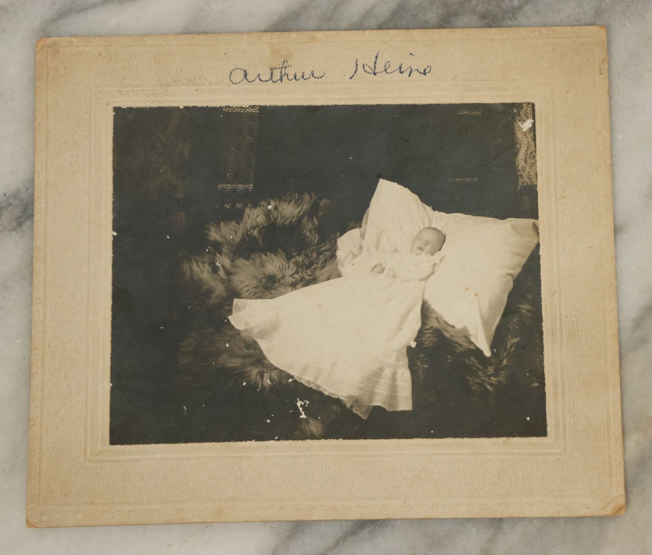 Lot 044 - Grouping Of Five Antique Boarded Photographs Including Worker Posing With Machinery, Exterior Of House, Women Standing By Tree, Horse-Drawn Carriage, And Baby