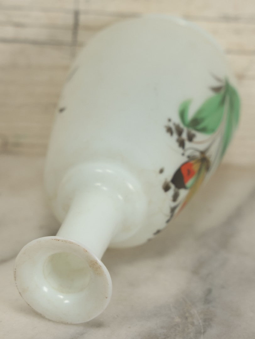 Lot 060 - Antique Hand Blown Frosted Glass Bud Vase With Hand Painted Butterfly, Floral Decoration, 6-1/2" H