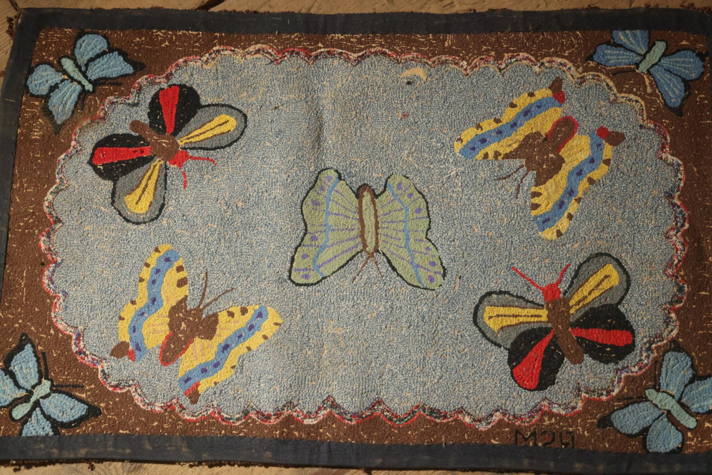 Vintage Handmade Folk Art Hooked Butterfly Rug, Artist Initialed R.S.M.