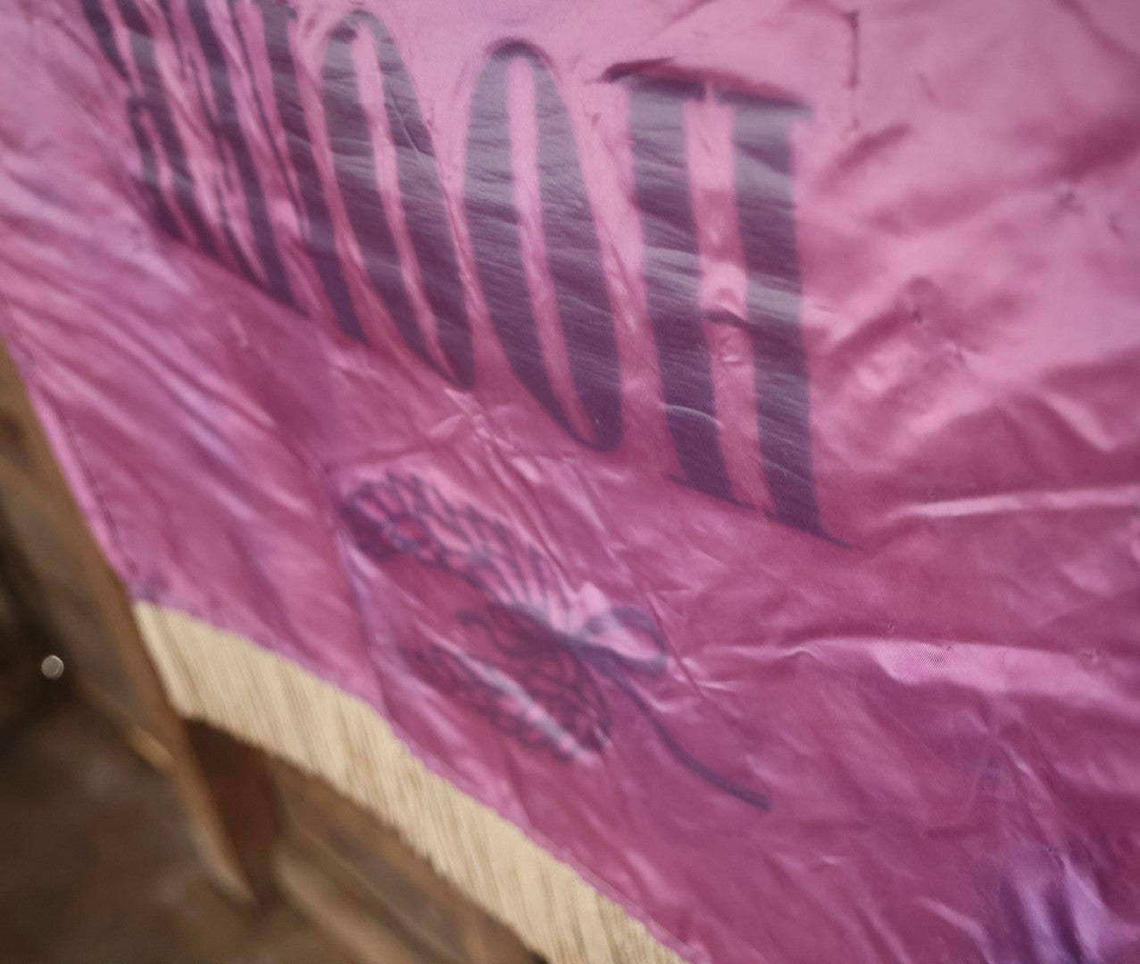 "You'Ll Be Happier With A Hoover" Vintage Purple Silken Advertising Banner For Hoover Vacuum Cleaners, With White Fringe On Bottom