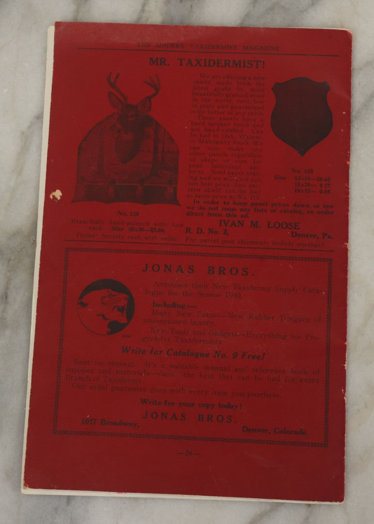 Lot 012 - Vintage "Modern Taxidermist" Magazine Booklet, October 1939, Volume 7, No. 40, Greenfield Center, N.Y.