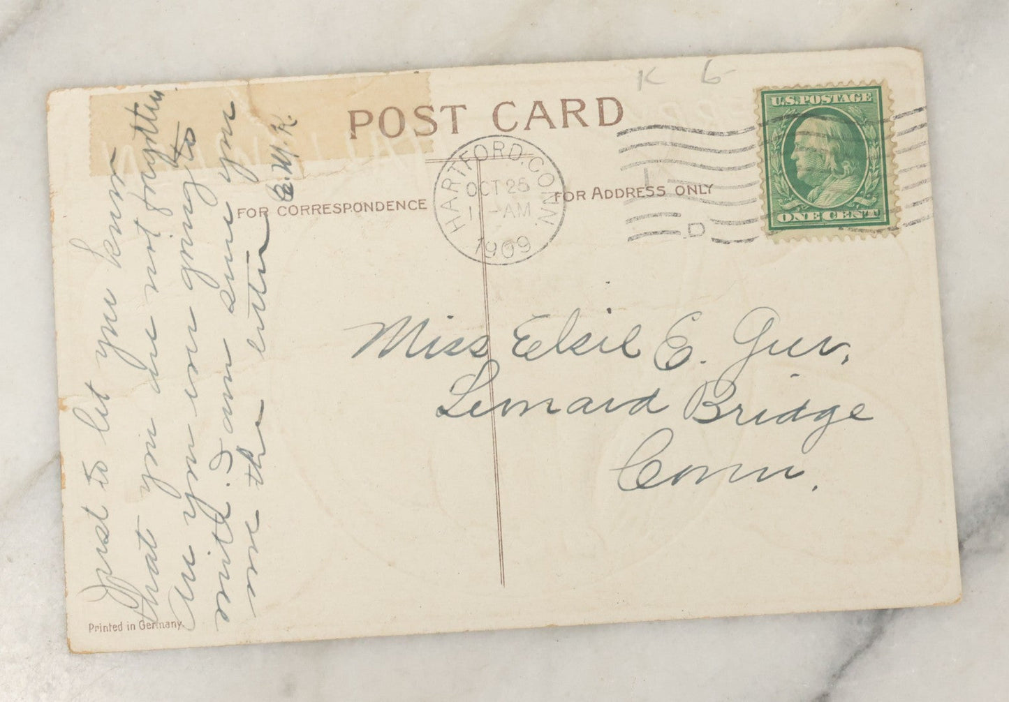 Lot 045 - Antique Halloween Postcard With Black Cat, Jack-O-Lanterns J.O.L. Pumpkins, Illustrated By Ellen H. Clapsaddle, Printed In Germany, Postmarked 1909, Fair Condition