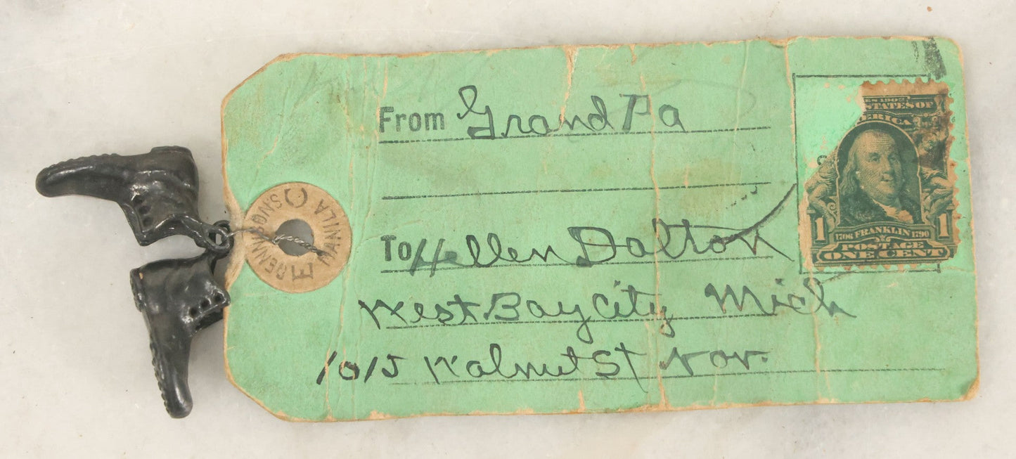 Lot 077 - Antique "May I Put My Shoes In Your Trunk?" Miniature Metal Shoes On Tag Mailable Novelty, By C.J. Holton Novelties, Detroit, Michigan, From Grandpa