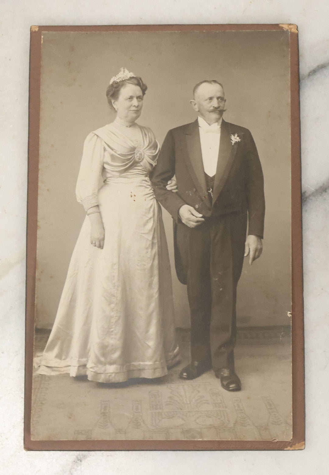 Lot 097 - Grouping Of Seven Antique Cabinet Card Photographs, Mostly German, Including Children In Pram, Woman In Mourning, Etc., Photographers Out Of Berlin