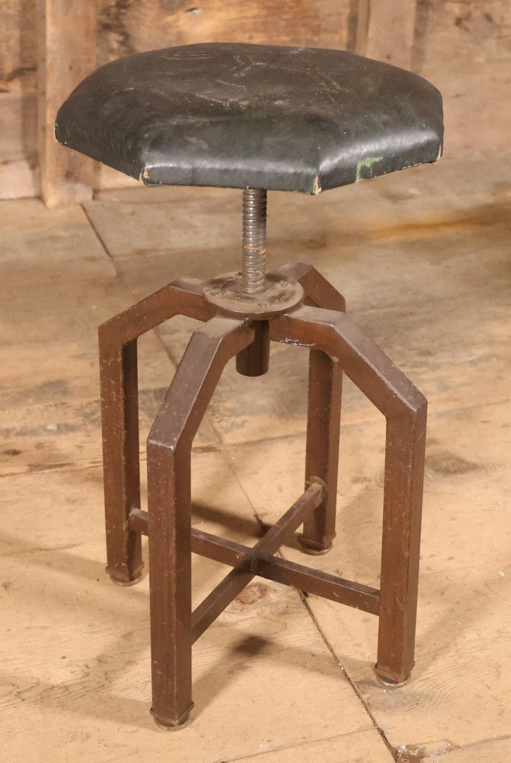 Vintage Adjustable Industrial Stool With Octagon Seat, Metal Base, Original Covering, Manufactured By Sargent, No. 8478PH, Made In U.S.A., 20" To 25" Height