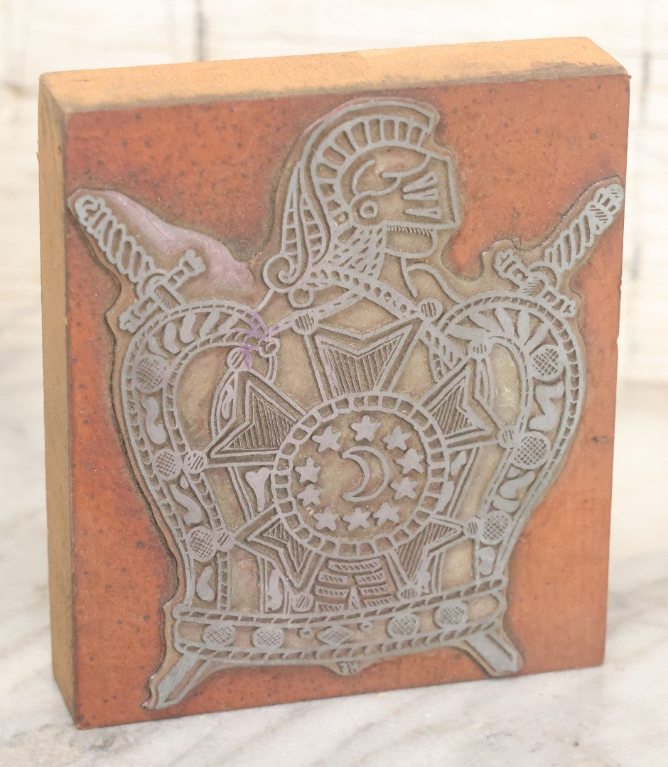 Lot 089 - Grouping Of Four Vintage Printing Blocks Including Masonic, Knights Of Columbus, Strange Hollering Man, And Tom Field Associates