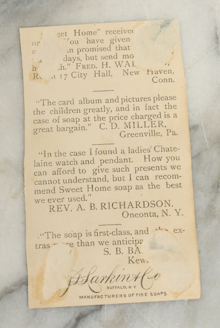 Lot 100 - Series Of Four Antique Lithograph Trade Cards Featuring Owls And Frogs Advertising J.S. Larkin & Co. Sweet Home Soap, Buffalo, New York, Copyright 1886, Richmond & Co., Including Consummation, Admiration, Restoration, And Desperation