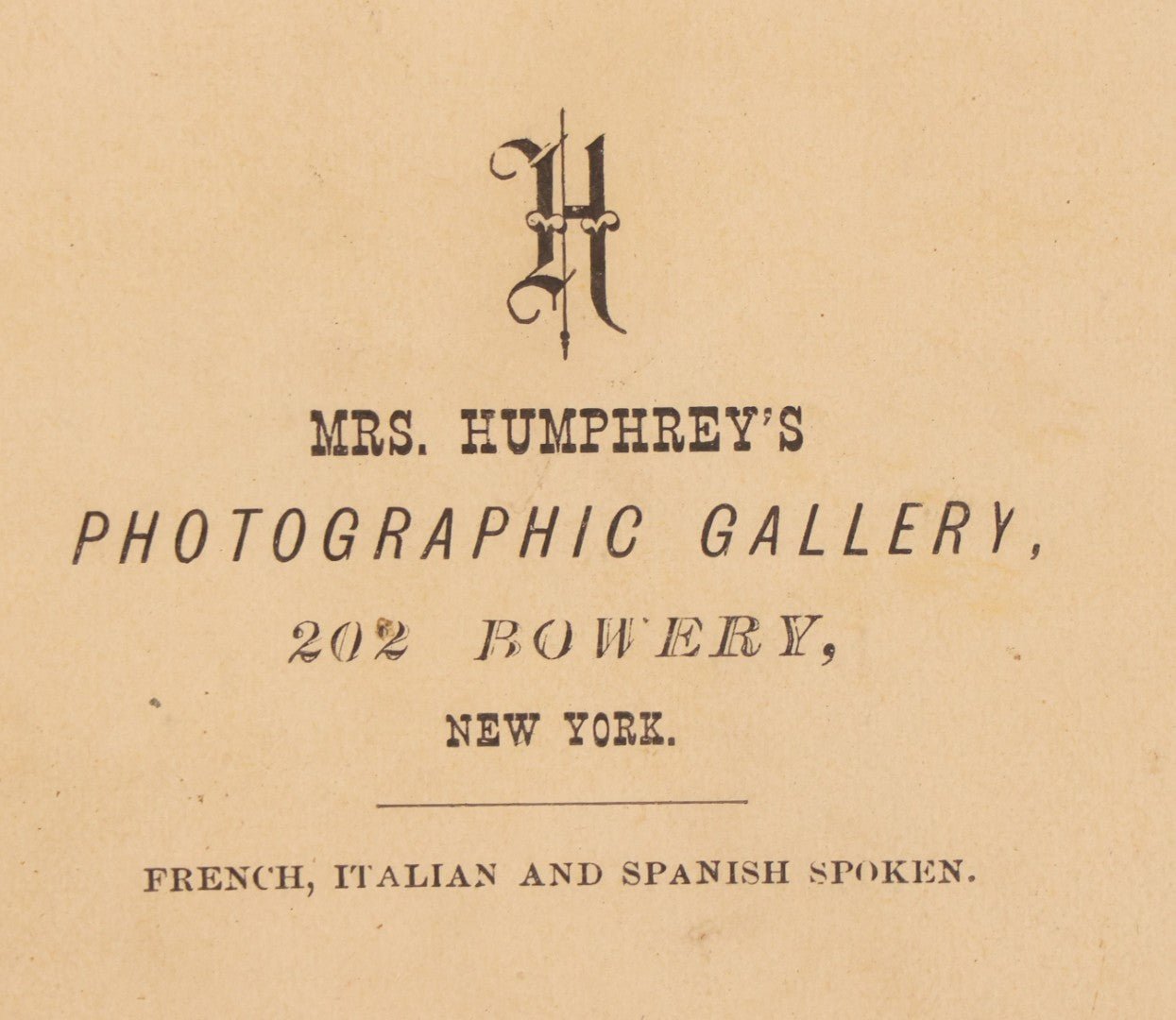 Lot 087 - Antique Cabinet Card Photograph Of Eastern European Man Photographed At Mrs. Humphrey's Photographic Gallery, 202 Bowery, New York, Gallery Advertises "French, Italian, And Spanish Spoken"