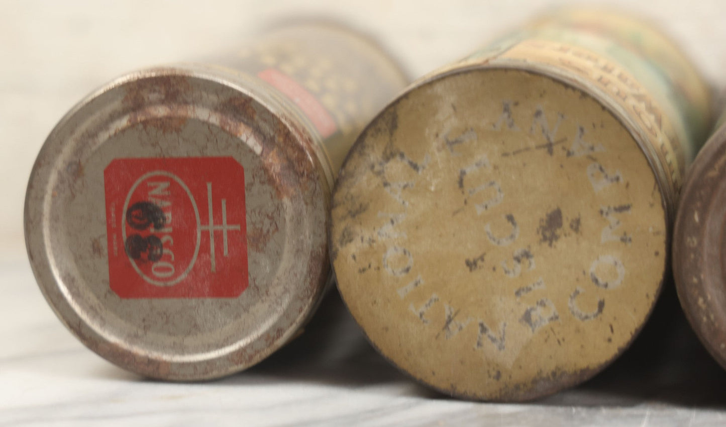 Lot 227 - Grouping Of Five Vintage Cookie And Wafer Tube Advertising Tins Including Famous Sugar Cookies, Ontario Chocolate Wafers, Famous Whole Wheat Cookies, Famous Ginger Wafers, And Famous Chocolate Wafers, National Biscuit Company