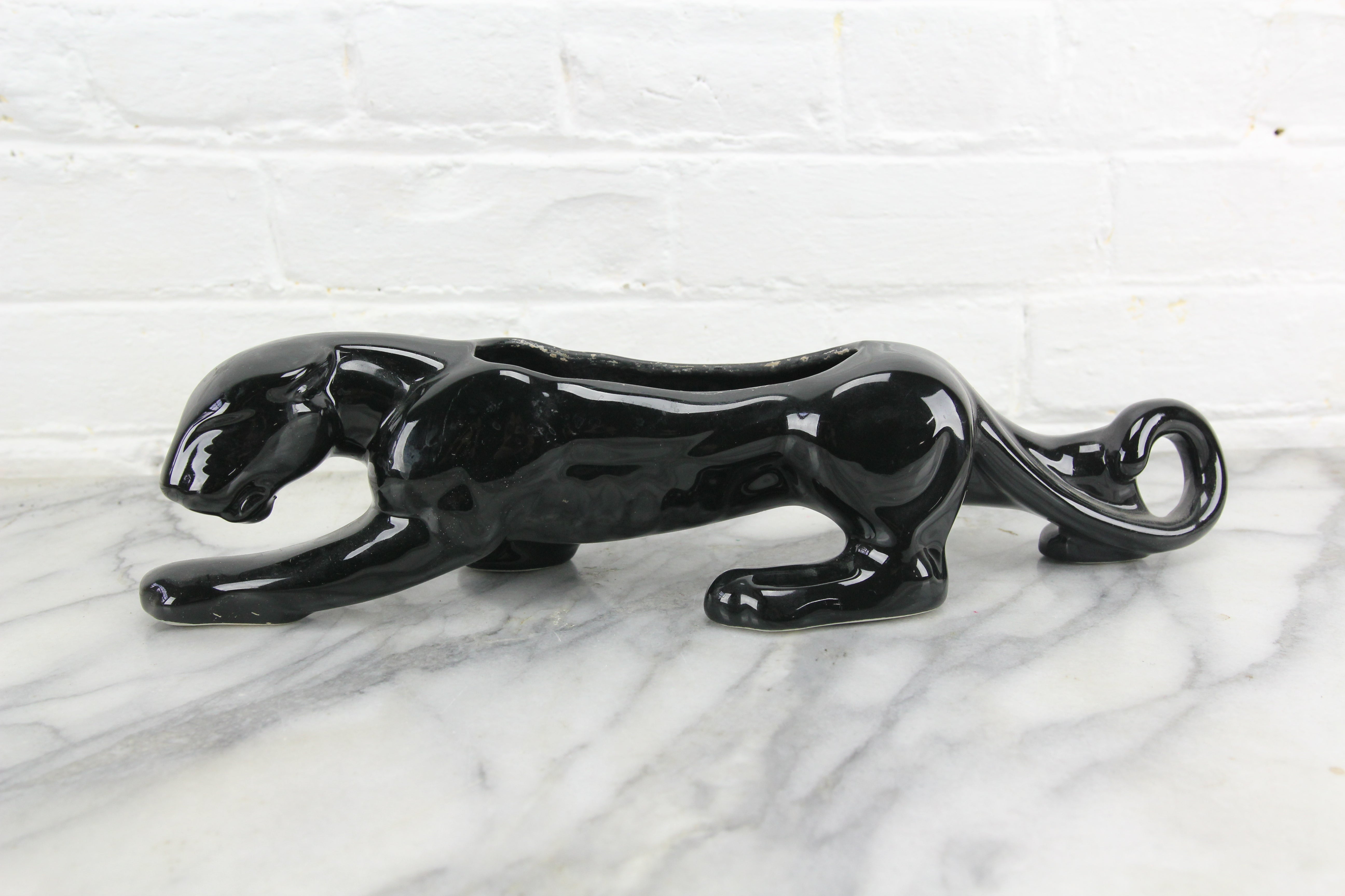 VINTAGE AMERICAN BISQUE PANTHER PLANTER 1950S MID CENTURY Animal African  Forest