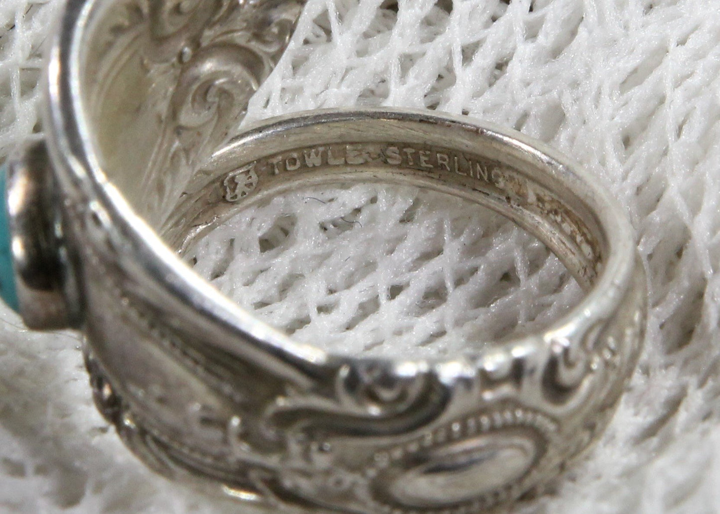 Sterling Silver Towle Silverware Ring with Turqoise Stone, Size 7.75