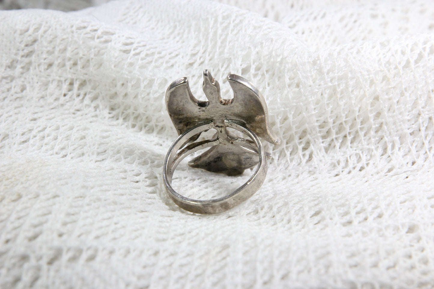 Sterling Silver Native American Thunderbird Ring with Turquoise and Coral, Size 7.25