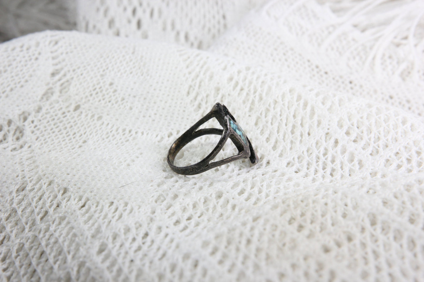 Sterling Silver Native American Thunderbird Ring with Turquoise and Coral, Size 3.5