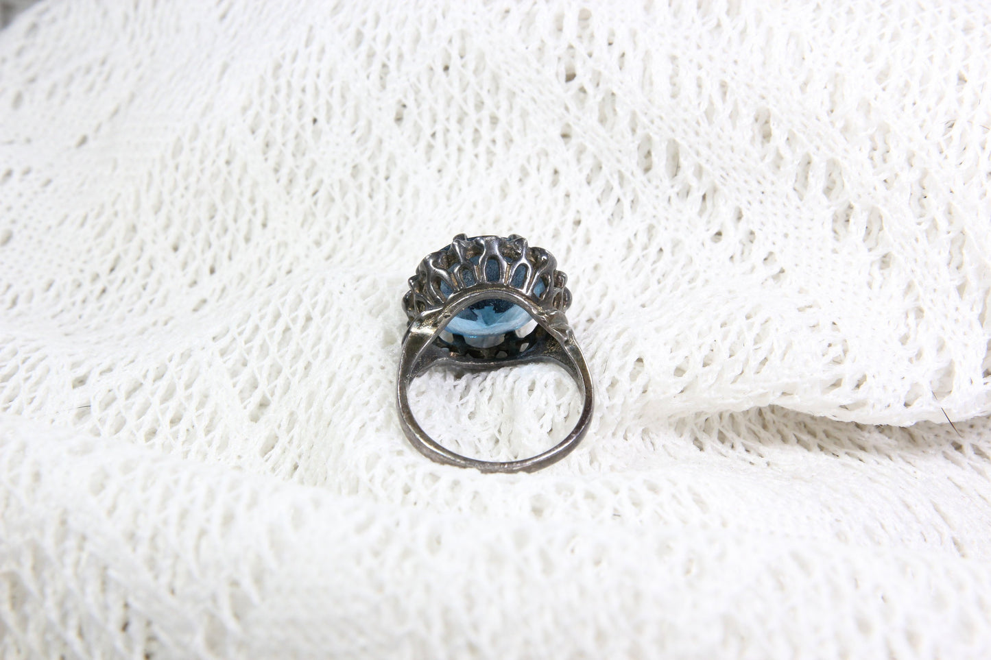Ornate Sterling Silver Ring with Large Translucent Blue Stone, Size 7