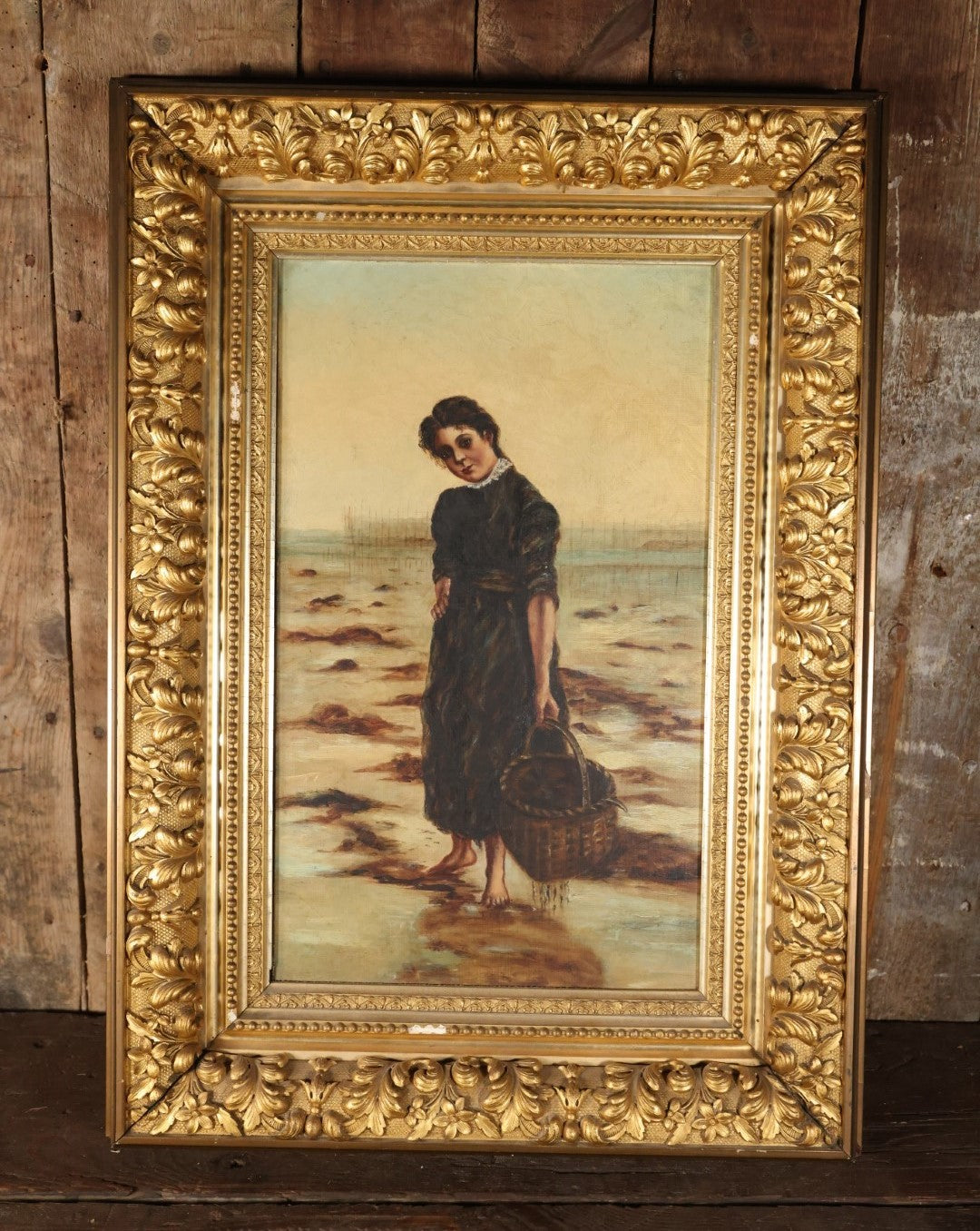 Antique Oil On Canvas Painting Of Young Woman In Dress On Beach With Basket In Ornate Gilt Frame