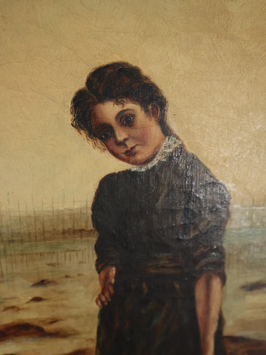 Antique Oil On Canvas Painting Of Young Woman In Dress On Beach With Basket In Ornate Gilt Frame