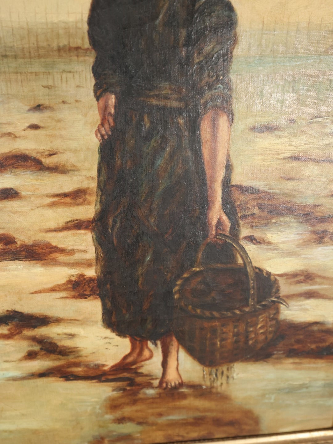 Antique Oil On Canvas Painting Of Young Woman In Dress On Beach With Basket In Ornate Gilt Frame