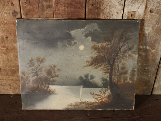 Antique Oil On Canvas Painting Of A Night Scene On A Pond With Moon And Clouds Overhead, Note Stain On Canvas, Unframed