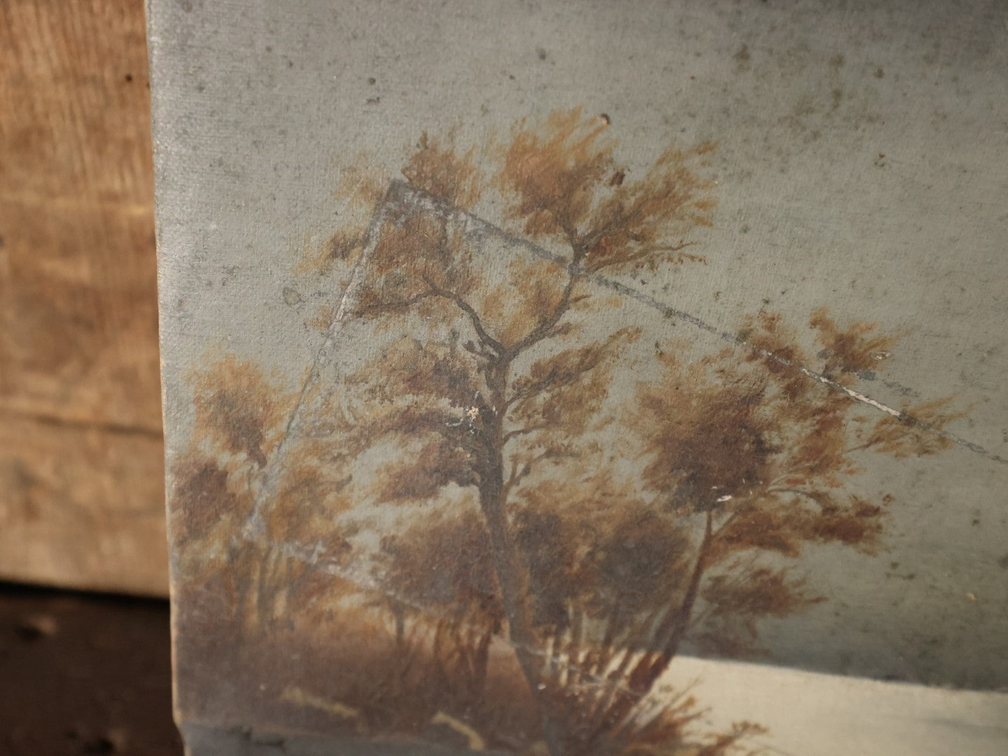 Antique Oil On Canvas Painting Of A Night Scene On A Pond With Moon And Clouds Overhead, Note Stain On Canvas, Unframed