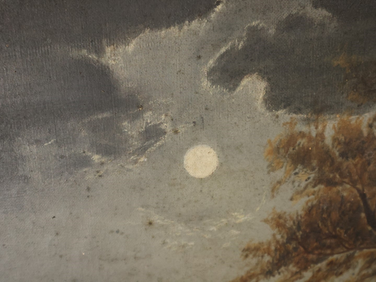 Antique Oil On Canvas Painting Of A Night Scene On A Pond With Moon And Clouds Overhead, Note Stain On Canvas, Unframed