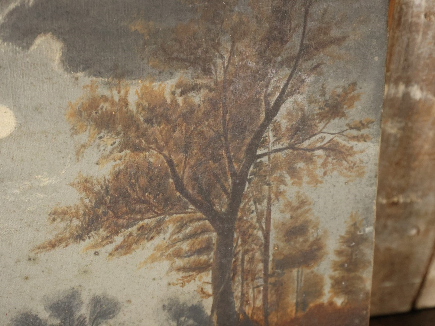 Antique Oil On Canvas Painting Of A Night Scene On A Pond With Moon And Clouds Overhead, Note Stain On Canvas, Unframed