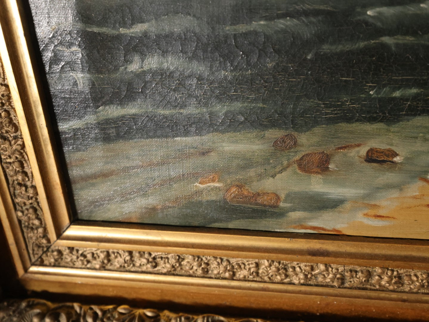 Antique Oil On Canvas Painting Of A Shipwreck Washed Up On The Beach With Sailboats And Seagulls In The Distance, Nautical Painting, In Deep Ornate Gilt Frame, Note Frame Damage