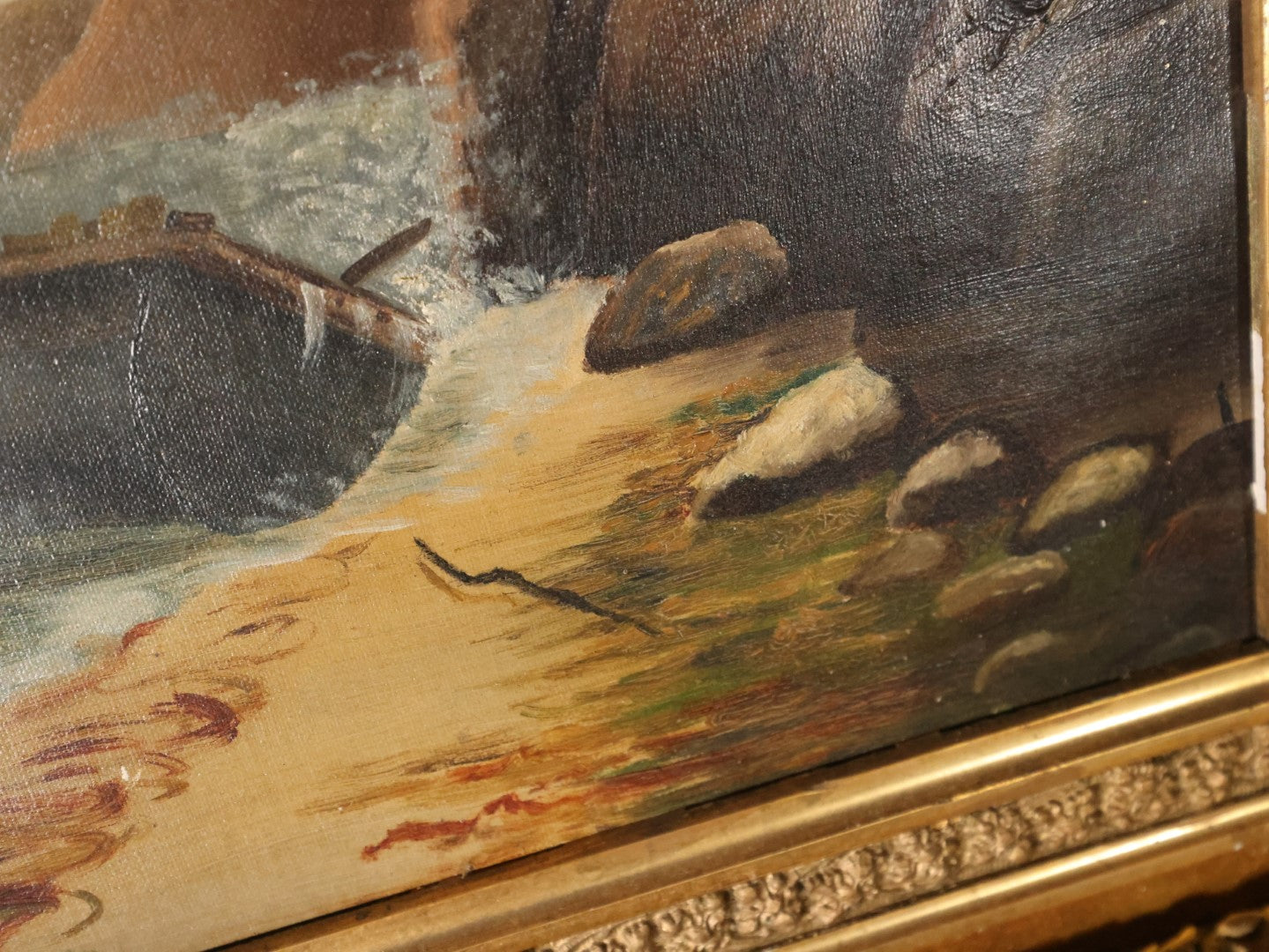 Antique Oil On Canvas Painting Of A Shipwreck Washed Up On The Beach With Sailboats And Seagulls In The Distance, Nautical Painting, In Deep Ornate Gilt Frame, Note Frame Damage