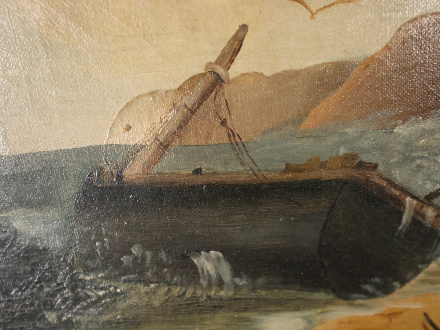 Antique Oil On Canvas Painting Of A Shipwreck Washed Up On The Beach With Sailboats And Seagulls In The Distance, Nautical Painting, In Deep Ornate Gilt Frame, Note Frame Damage