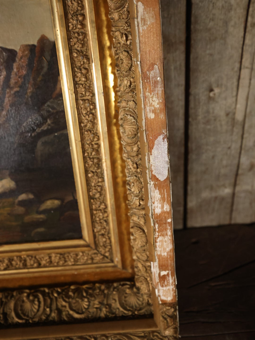 Antique Oil On Canvas Painting Of A Shipwreck Washed Up On The Beach With Sailboats And Seagulls In The Distance, Nautical Painting, In Deep Ornate Gilt Frame, Note Frame Damage