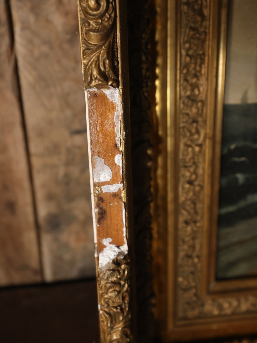 Antique Oil On Canvas Painting Of A Shipwreck Washed Up On The Beach With Sailboats And Seagulls In The Distance, Nautical Painting, In Deep Ornate Gilt Frame, Note Frame Damage