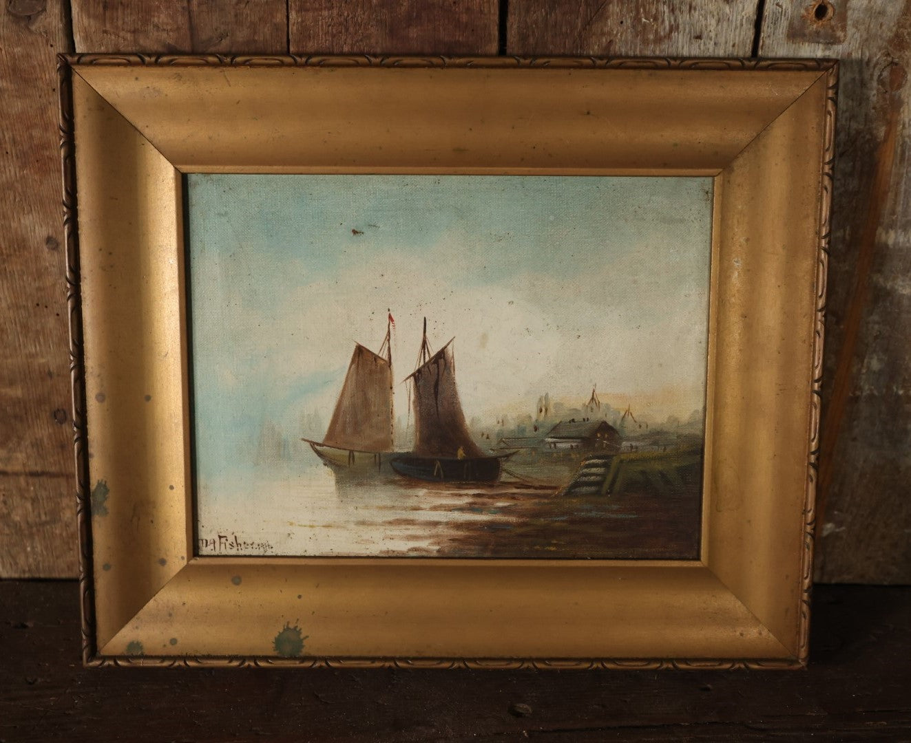 Antique Oil On Canvas Painting Of A Ship, Dock, Shore, Signed D.A. Fisher (1867-1940, Maine & California), Listed Artist, In Frame