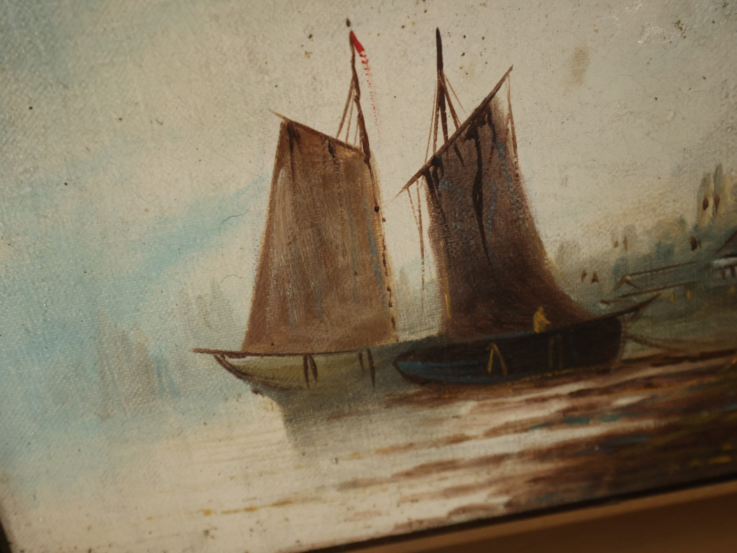 Antique Oil On Canvas Painting Of A Ship, Dock, Shore, Signed D.A. Fisher (1867-1940, Maine & California), Listed Artist, In Frame