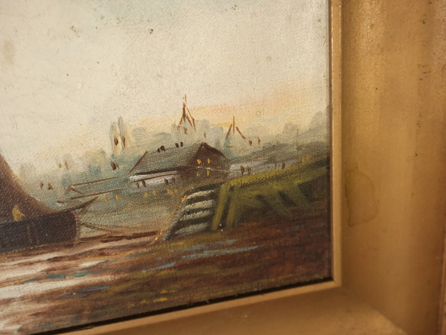 Antique Oil On Canvas Painting Of A Ship, Dock, Shore, Signed D.A. Fisher (1867-1940, Maine & California), Listed Artist, In Frame