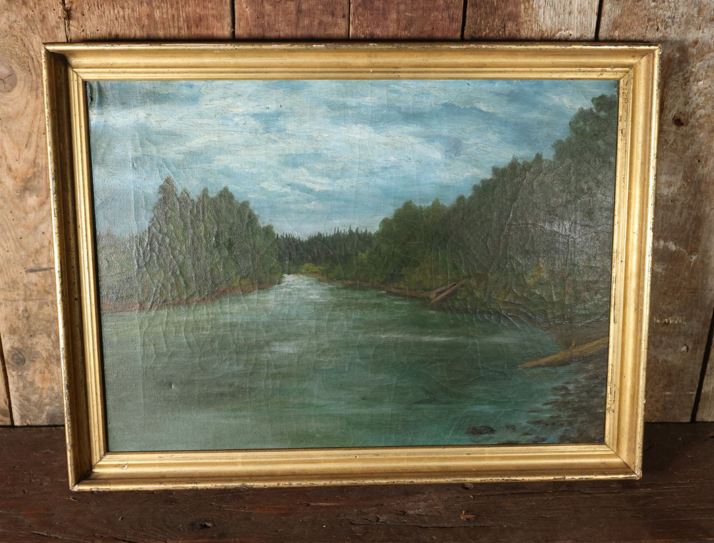 Antique Oil On Canvas Painting Of The Lewis River Near Lewisville, Clarke County, Washington State, In Frame, Signed G.H.D.