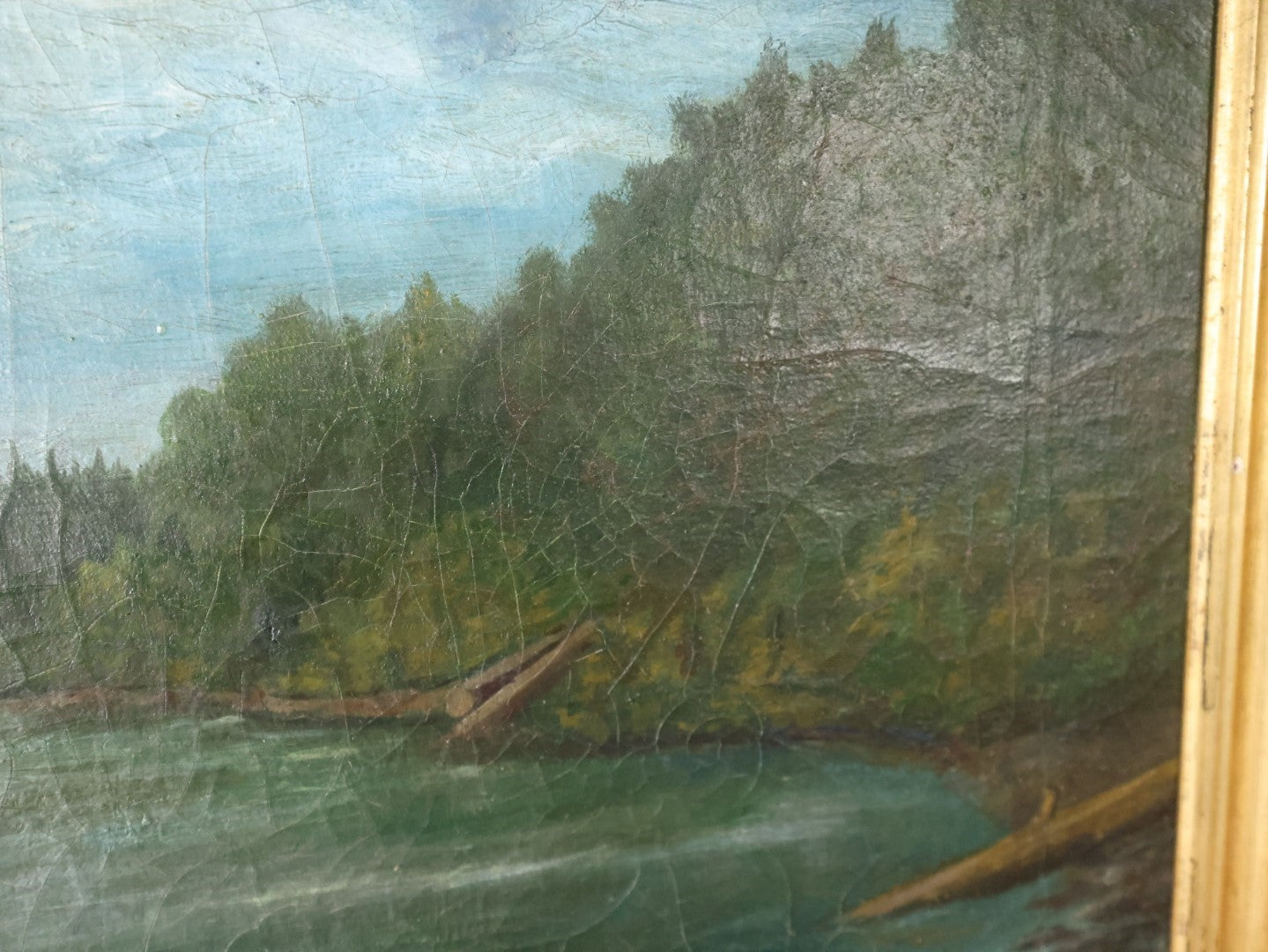 Antique Oil On Canvas Painting Of The Lewis River Near Lewisville, Clarke County, Washington State, In Frame, Signed G.H.D.