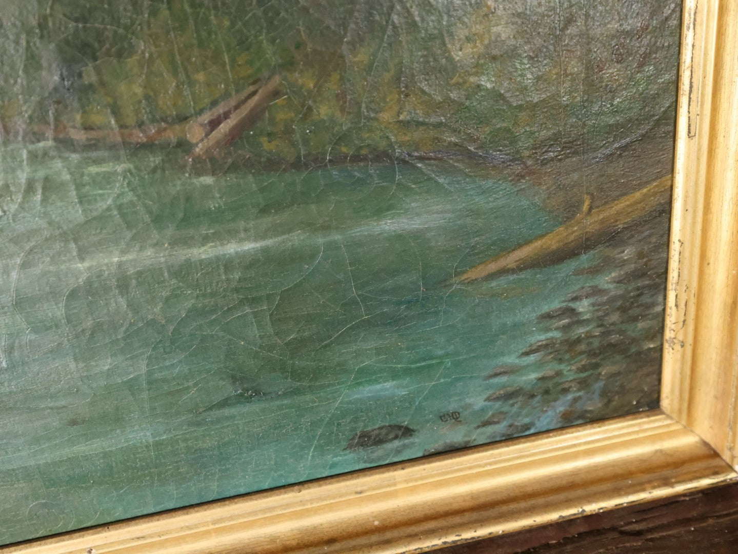 Antique Oil On Canvas Painting Of The Lewis River Near Lewisville, Clarke County, Washington State, In Frame, Signed G.H.D.