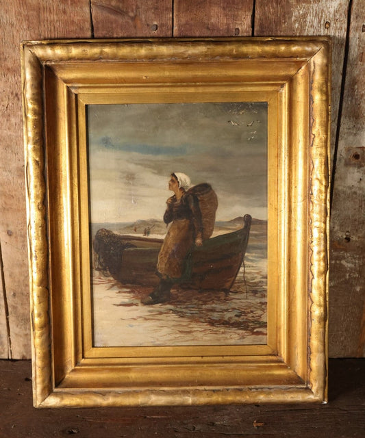 Antique Oil On Canvas Painting Of Young Woman Leaning Against Boat On The Beach With Basket On Back, White Hair Scarf, In Ornate Gilt Frame