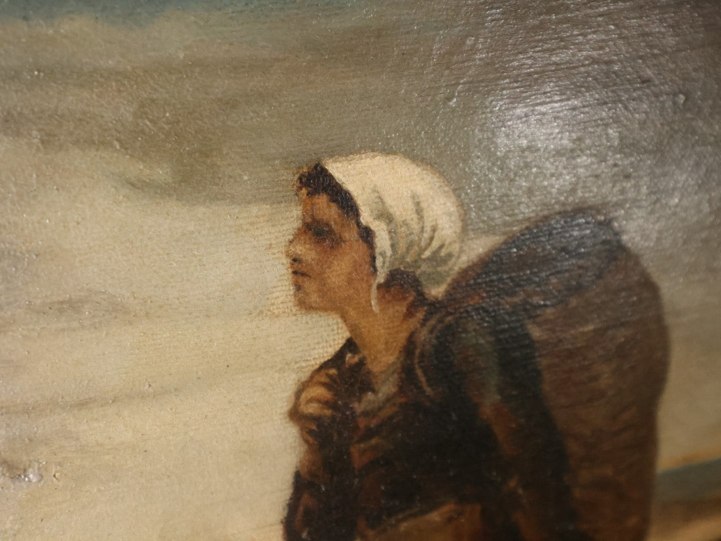 Antique Oil On Canvas Painting Of Young Woman Leaning Against Boat On The Beach With Basket On Back, White Hair Scarf, In Ornate Gilt Frame