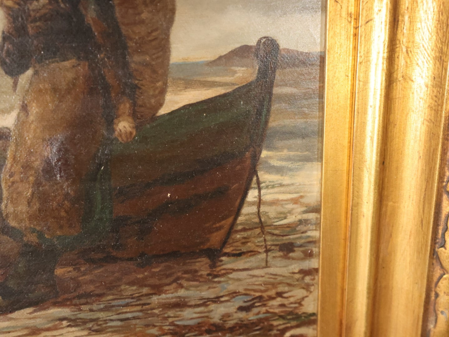 Antique Oil On Canvas Painting Of Young Woman Leaning Against Boat On The Beach With Basket On Back, White Hair Scarf, In Ornate Gilt Frame