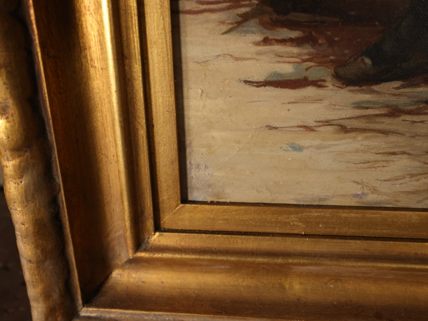 Antique Oil On Canvas Painting Of Young Woman Leaning Against Boat On The Beach With Basket On Back, White Hair Scarf, In Ornate Gilt Frame