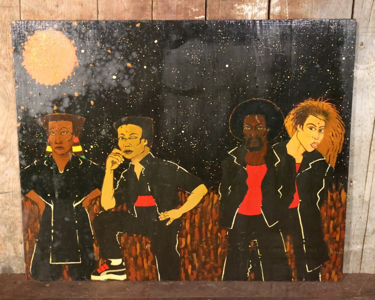 Vintage Afro-Futurist Painting On Wood Panel Of Black Men And Women With Futuristic, Space Theme