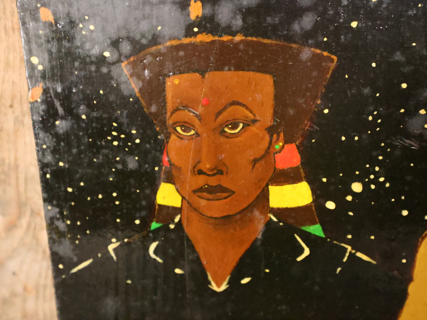 Vintage Afro-Futurist Painting On Wood Panel Of Black Men And Women With Futuristic, Space Theme