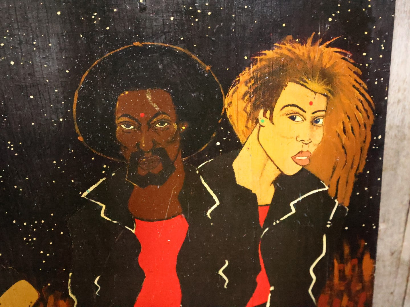 Vintage Afro-Futurist Painting On Wood Panel Of Black Men And Women With Futuristic, Space Theme